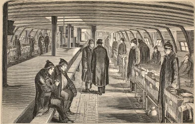 Toppdäck på Unite-sjukhusets skepp, fäst vid hulken i Woolwich, illustration från The Criminal Prisons of London och Scenes from Prison Life av Henry Mayhew och John Binny, pub. 1862 (gravyr