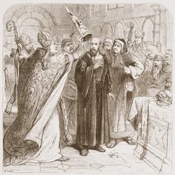 Rättegång mot Huss: Degradera martyren, illustration från The History of Protestantism av James Aitken Wylie (1808-1890), pub. 1878