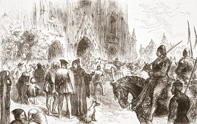 Rättegång mot Jerome: väntar på domen, illustration från The History of Protestantism av James Aitken Wylie (1808-1890), pub. 1878