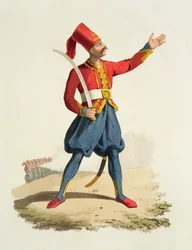 Turkisk soldat, ur Costumes of the Various Nations, volym VII, The Military Costume of Turkey, av Thomas MacLean, publicerad ca 1800-18