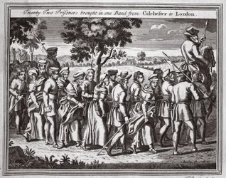 Tjugotvå fångar tog in ett band från Colchester till London, illustration från Foxes Martyrs c.1703