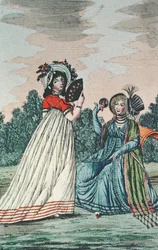 Två fashionabla damer i en trädgård, ca 1800 (färggravyr)