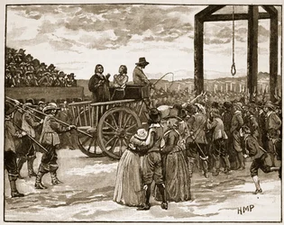 Tyburn på Charles I:s tid, illustration från Cassells Illustrated History of England (sepiafoto)