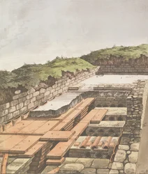 Underjordiskt värmesystem för en romersk villa i England, publicerad 1797 (handfärgad litho)