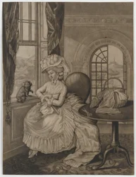 Untitled (kvinna som sitter vid ett fönster angående en liten hund), c.1780 (mezzotint)