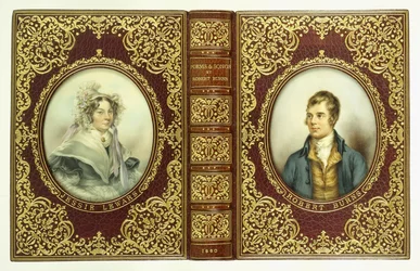 Övre och nedre omslag, och ryggrad, med ovala porträtt av Robert Burns och Jessie Lewars