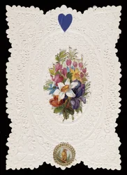 Alla hjärtans kort föreställande blommor, ca 1840 (färg litho på papper)