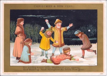 Viktorianskt jul- och nyårskort med barn som leker i snön och kastar snöbollar, ca 1880 (litho i färg)