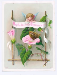 Viktorianskt julkort med en amor som tittar på en fjäril på en rosa blomma, ca 1880 (färglitografi)