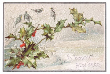 Viktorianskt nyårskort av fåglar på grenar i den fallande snön, c.1880 (färg litho)