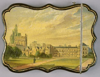 Viktorianskt kortfodral, med en scen av Trinity College Gardens, Oxford (papier mache)