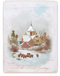 Viktorianskt gratulationskort med får som vandrar nära en kyrka i snön, ca 1880 (färg litho)