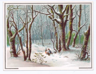 Viktorianskt gratulationskort av två barn som samlar grenar i snön, c.1880 (färg litho)