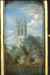 Viktoriansk syskåpspanel dekorerad med en scen från Magdalen College, Oxford (papier mache)