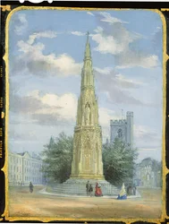 Viktoriansk syskåpspanel dekorerad med en scen av Martyrs Memorial, Oxford (papier mache)