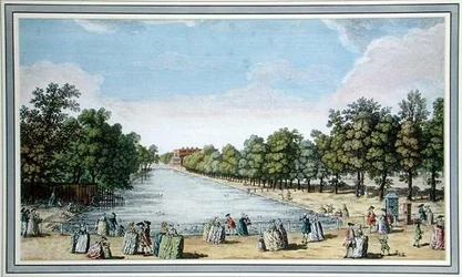 Utsikt över formella trädgårdar med en sjö, förmodligen Long Water vid Hampton Court (färg litho)