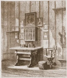 Vy över Luthers rum i Wartburg, visar bläckfläcken på väggen, illustration från The History of Protestantism av James Aitken Wylie (1808-1890), pub. 1878