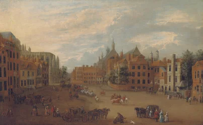 Utsikt över Old Palace Yard, Westminster, med den östra änden av Westminster Abbey och kung Henrik VII:s kapell till vänster, ca 1700