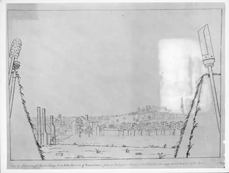 Vy över Roxborough Church, Kings Arms och Browns House skorstenar, från en skyttegrav mellan den öppna porten och linjernas högra bastion, 1776