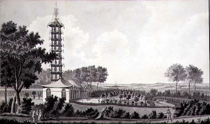 Utsikt över en holländsk trädgård med en kinesisk pagod, ca 1770 (penna och bläck med akvarell på papper)