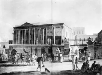 Utsikt över ett hus, fabrik och basar, i Calcutta, graverad av Francis Jukes, 1795 (akvatint)