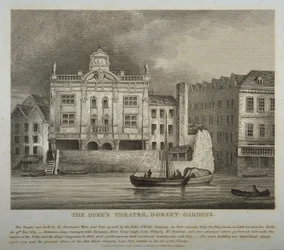 Utsikt över Dukes Theatre, Dorset Gardens, från Themsen, 1814