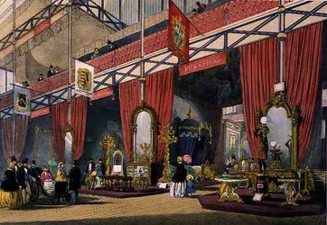 Utsikt över möbeldelen av den stora utställningen 1851, från Dickinsons omfattande bilder (lito i färg)
