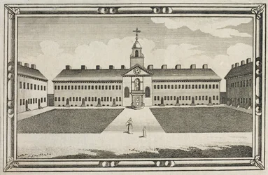 Utsikt över Ironmongers Company Almshouses, Kingsland Road, Hackney, ca 1820