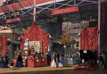 Utsikt över Klier and Sons musikinstrumentställ, i den nordtyska delen av den stora utställningen 1851, från Dickinson