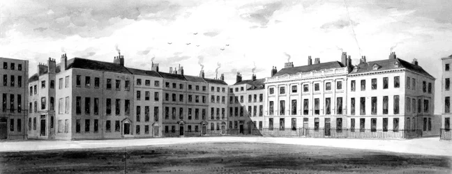 Utsikt över norra sidan och östra sidan av Soho Square, 1854