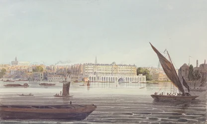 Utsikt över flodens front av New Somerset House, från Bankside, 1796