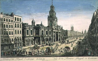 Vy över Royal Exchange, London, graverad av Pierre Moithey