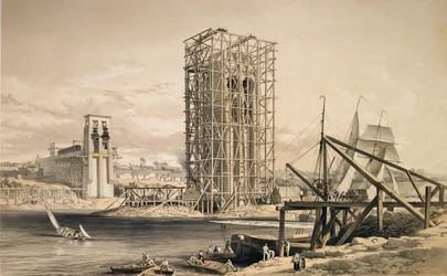 Vy över byggandet av Britannia Tubular Bridge