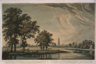 Utsikt över sjön och ön vid Royal Botanic Gardens Kew (handfärgad gravyr)