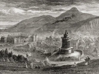 Utsikt över Edinburgh från The Burns Monument på Calton Hill, från "Scottish Pictures Drawn with Pen and Pencil", av Samuel G. Green, publicerad 1886