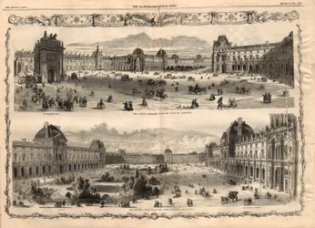 Utsikt över Cour Carree du Louvren i Paris. Gravyr i "The illustrated London News"" av 15 augusti 1857.