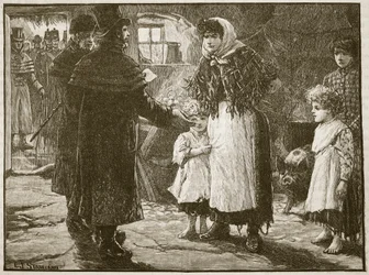 Besök av Tithe Proctor, Irland, 1832, illustration från Cassells Illustrated History of England (sepiafoto)