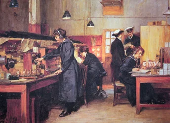 Kvinnliga radio- och telefonoperatörer från den kungliga flottan från första världskriget (färg litho)