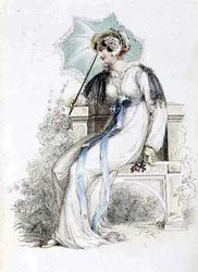 Gåklänning, modetallrik från Ackermanns Repository of Arts (färgad gravyr)
