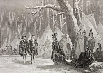 Washington och Gist besöker den indiska drottningen Alliquippa, från 