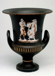 Wedgwood vas föreställande en ung flicka och en svart keramisk satyr målad "" med encaustic""". England, omkring 1775 - 1790. Medaljkontoret, BN i Paris.
