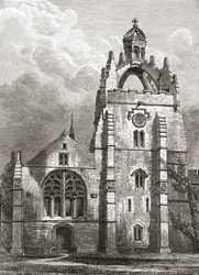 Västra fronten av Kings College, Aberdeen som det var på 1800-talet, som visar kapellens krontorn, från A Short History of the English People av J. R. Green, publicerad 1893