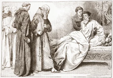 Wycliffe och munkarna: scen i sängkammaren, illustration från The History of Protestantism av James Aitken Wylie (1808-1890), pub. 1878