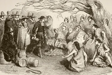 William Penn sluter ett fördrag med Delaware- eller Lenape-indianerna 1682 (litho)