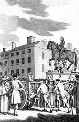 William Stroud, "En man piskad vid vagnens bakände för småstöld från Charing Cross till Horse Guards", graverad för Tyburn Chronicle