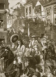 Williams triumferande procession till Whitehall, illustration från Cassells Illustrated History of England (sepiafoto)