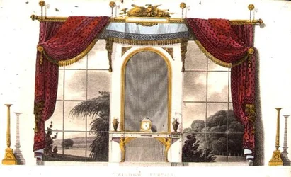 Window Curtain for a Boudoir, skylt 3 från Ackermanns Repository of Arts, publicerad 1809 (färg litho)