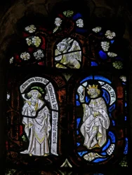 Window Ew föreställande Tree of Jesse-figurer med St Lukes-tjuren