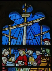 Window SaEw som visar en scen från en legend om St Nicholas: spannmålsfartygen lossar vid Myra