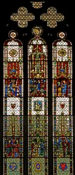 Fönster w31 som visar ett sammansatt fönster med St Edmund, St William, St George, Annunciation, Adoration of the Magi